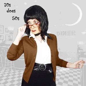 50s Vintage Style Brown Wool Cardigan Rockabilly Sweater - 70s